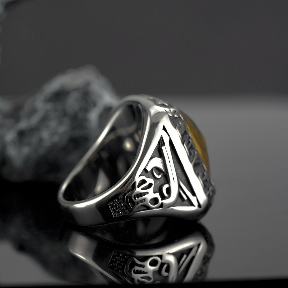 United States Navy Ring Hip-Hop Stainless Steel Double Gun Yellow Gemstone Ring