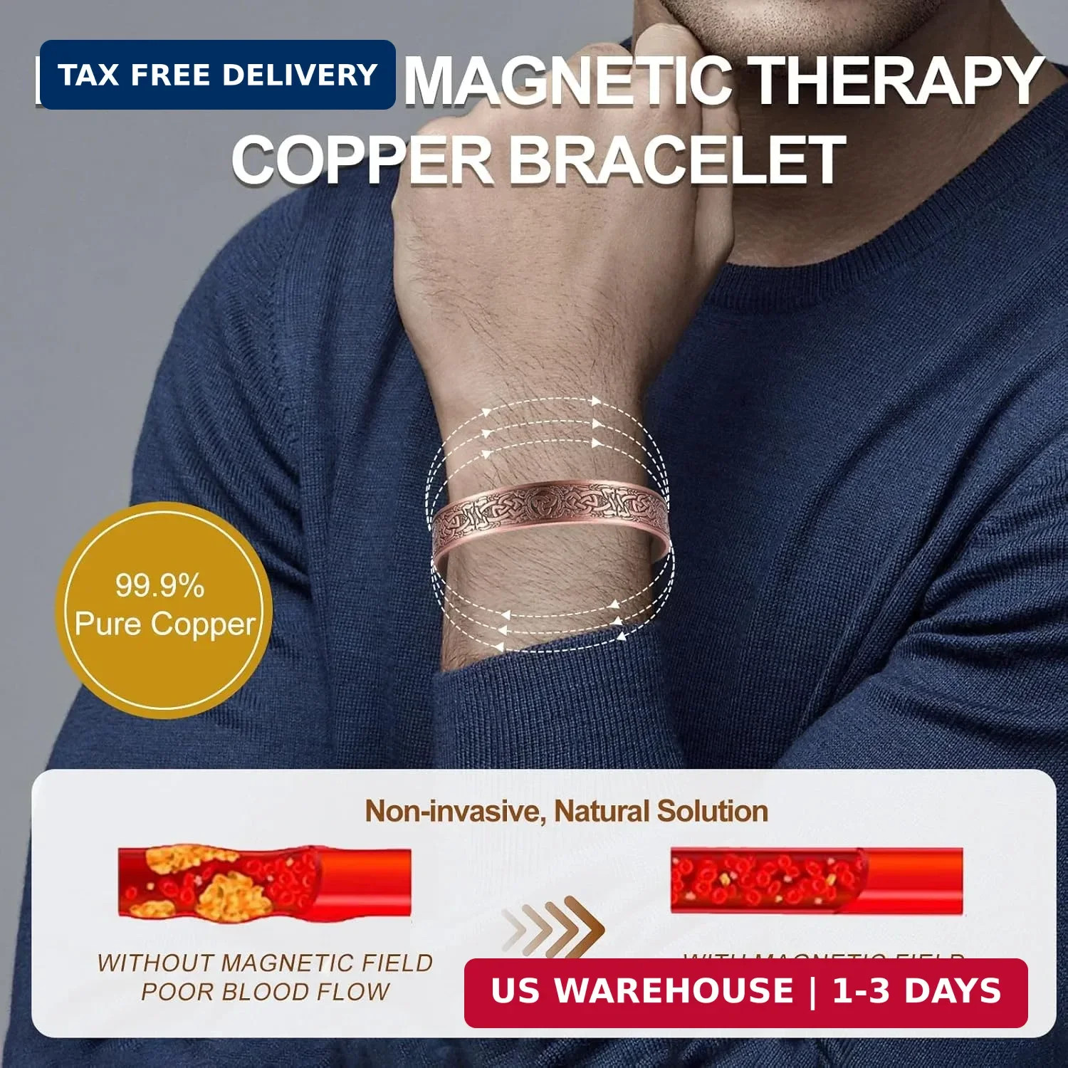 Copper Bracelet for Men 99.9% Pure Copper Magnetic Bangle with 6pcs 3500 Gauss M