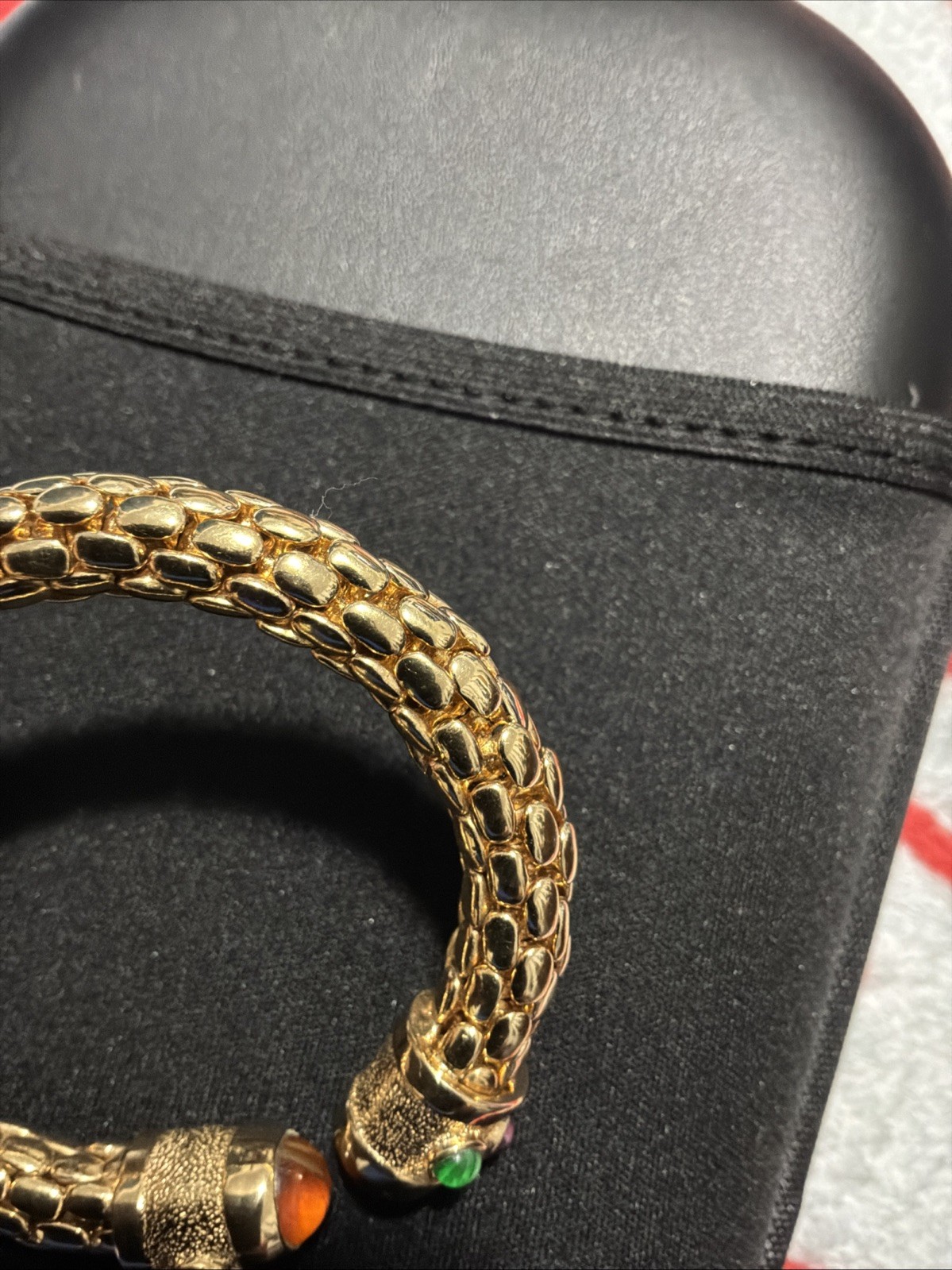 Vintage Runway Gold Tone Red Blue Green Glass Snake Skin Open Cuff Bracelet