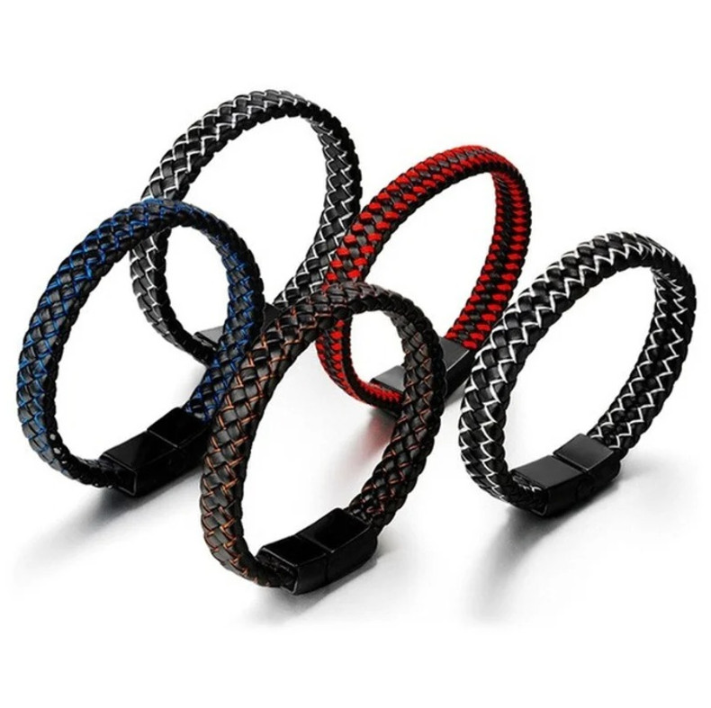 1pcs Black Braided Leather Bracelet for Men with Stainless Steel Magnetic Clasp