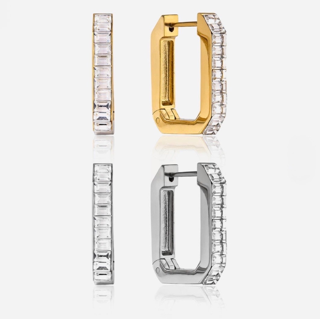 Stainless Steel Rectangle Huggie Hoop Earring Channel Set CZ Silver Gold