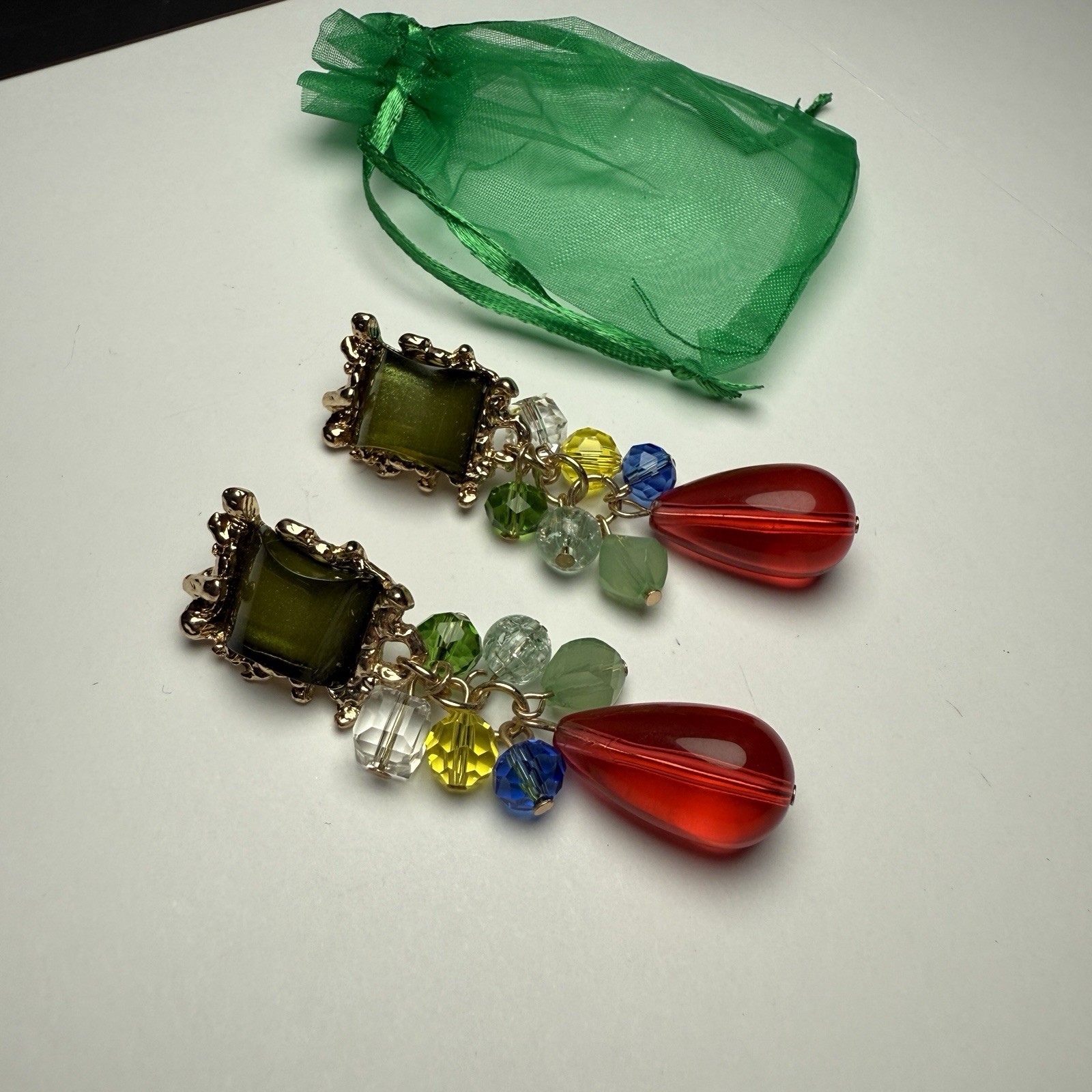Beaded Dangle Drop Gold Tone Clip-on Earrings Red Green Blue Yellow Multi Color