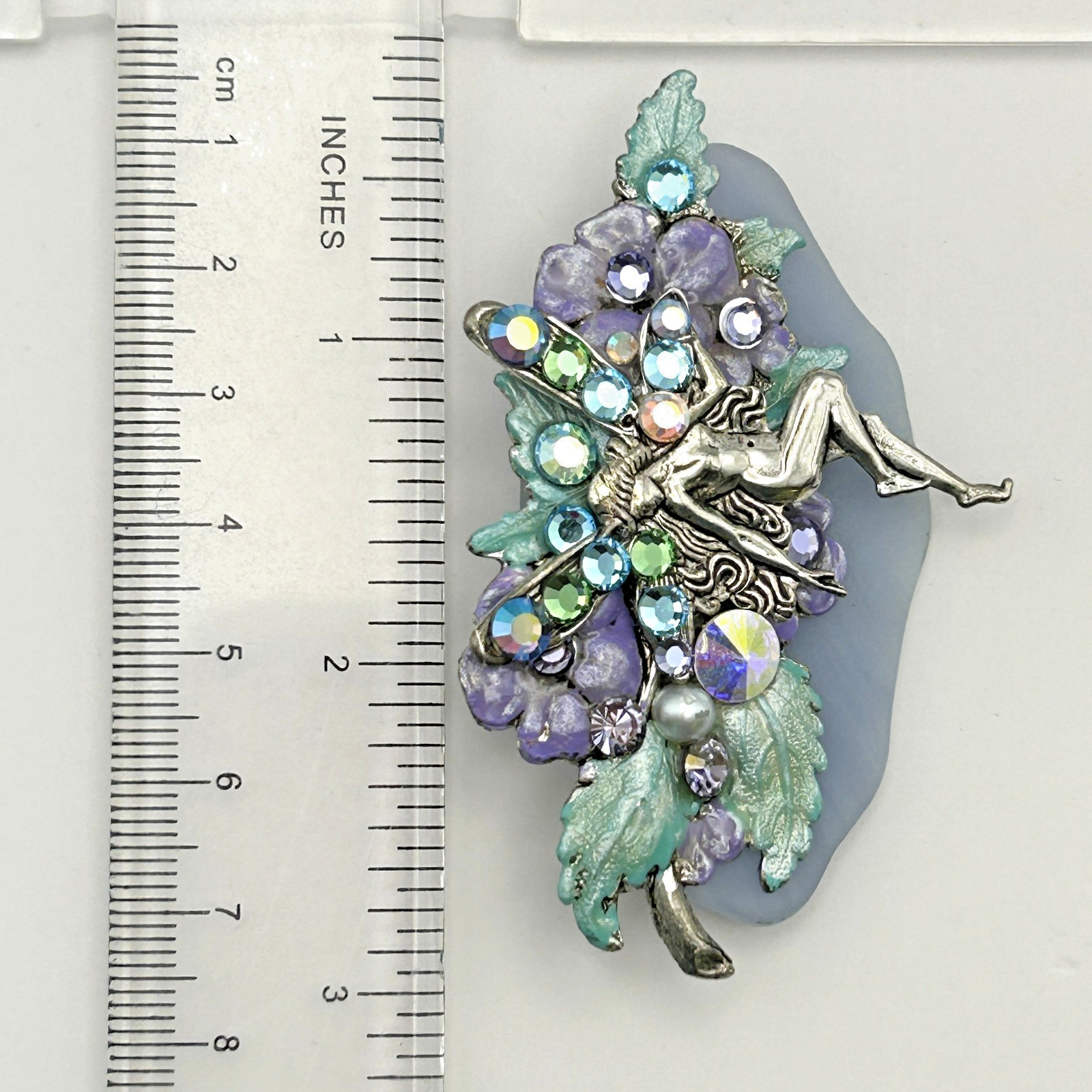 Fantasy Fairy Brooch AB Rhinestone Wings Flowers Leaves Whimsical Jewelry 2.5in