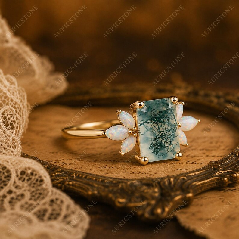 Lab Created Green Moss Agate Ring, Base Metal: Brass Finish: Gold Plated