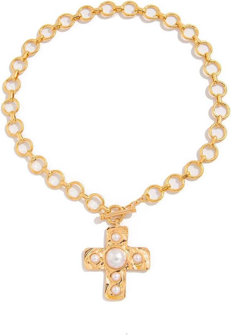 GIGB PBDK Chunky Gold Cross Necklace for Women,Vintage Statement Layered Necklac