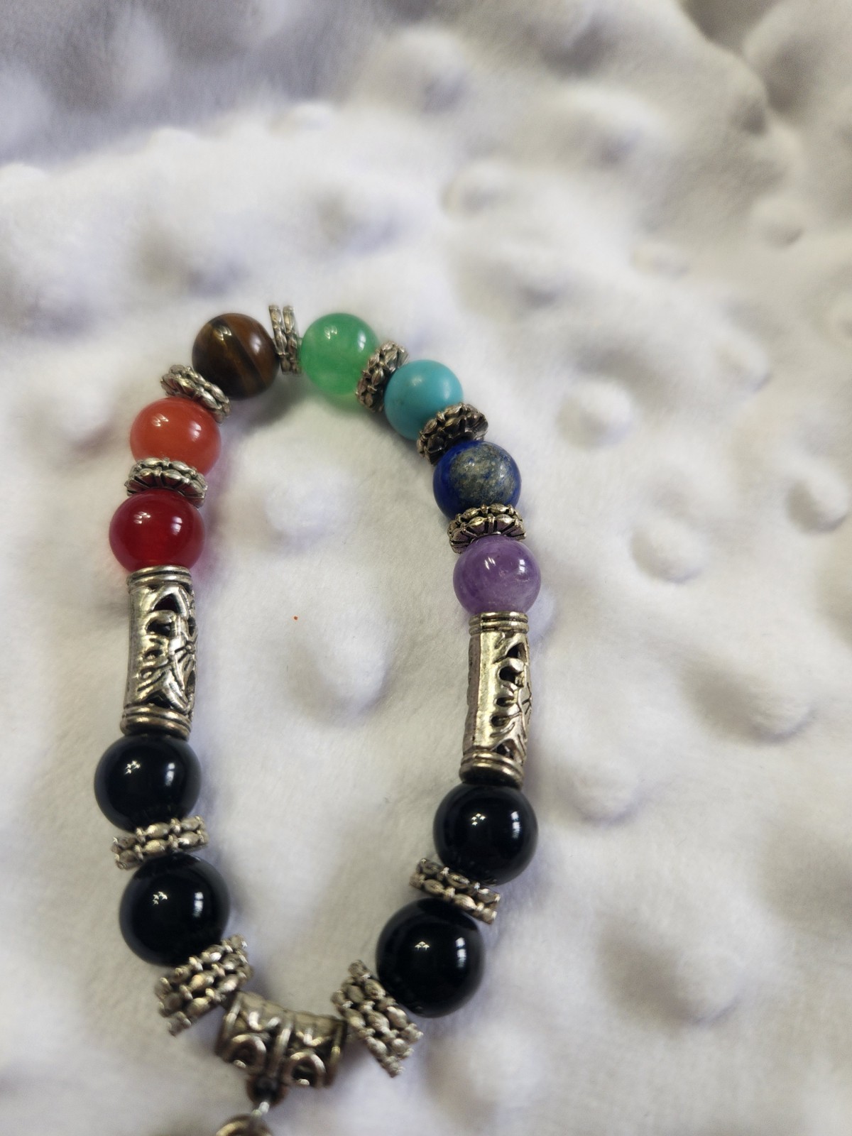 Chakra Stone Meditation Bracelet Filigree Heart Charm Stretch Semi-Precious
