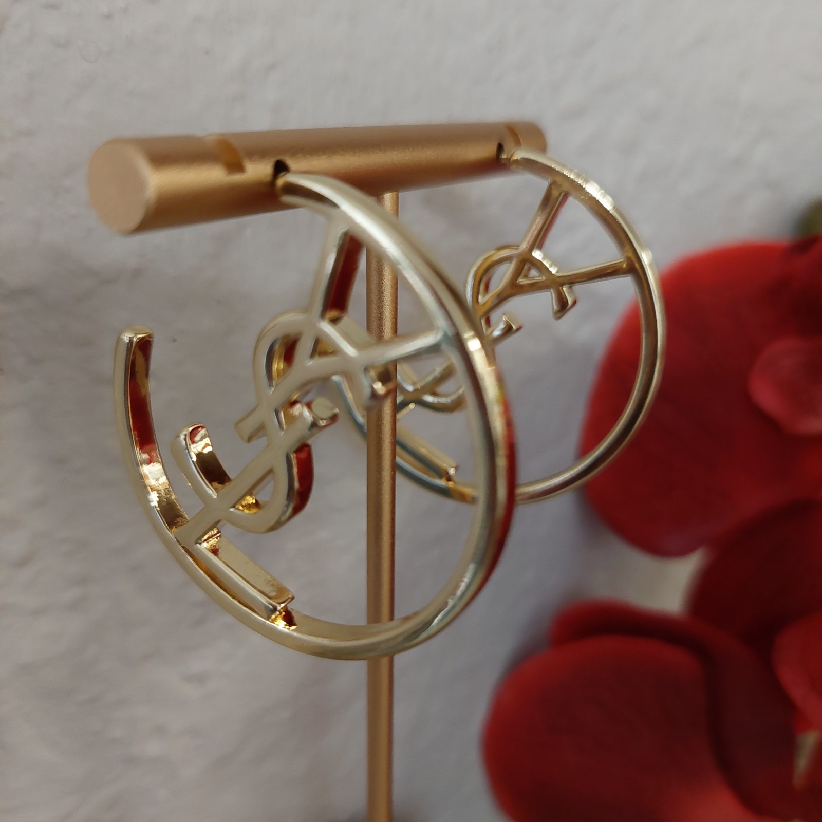 Auth. YVES SAINT LAURENT YSL LOGO Large HOOP EARRINGS Gold Tone
