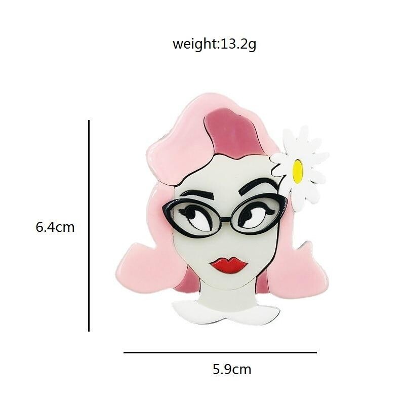 Acrylic Pink Hair Lady Brooches For Women Unisex Wear Flower Glasses Girl