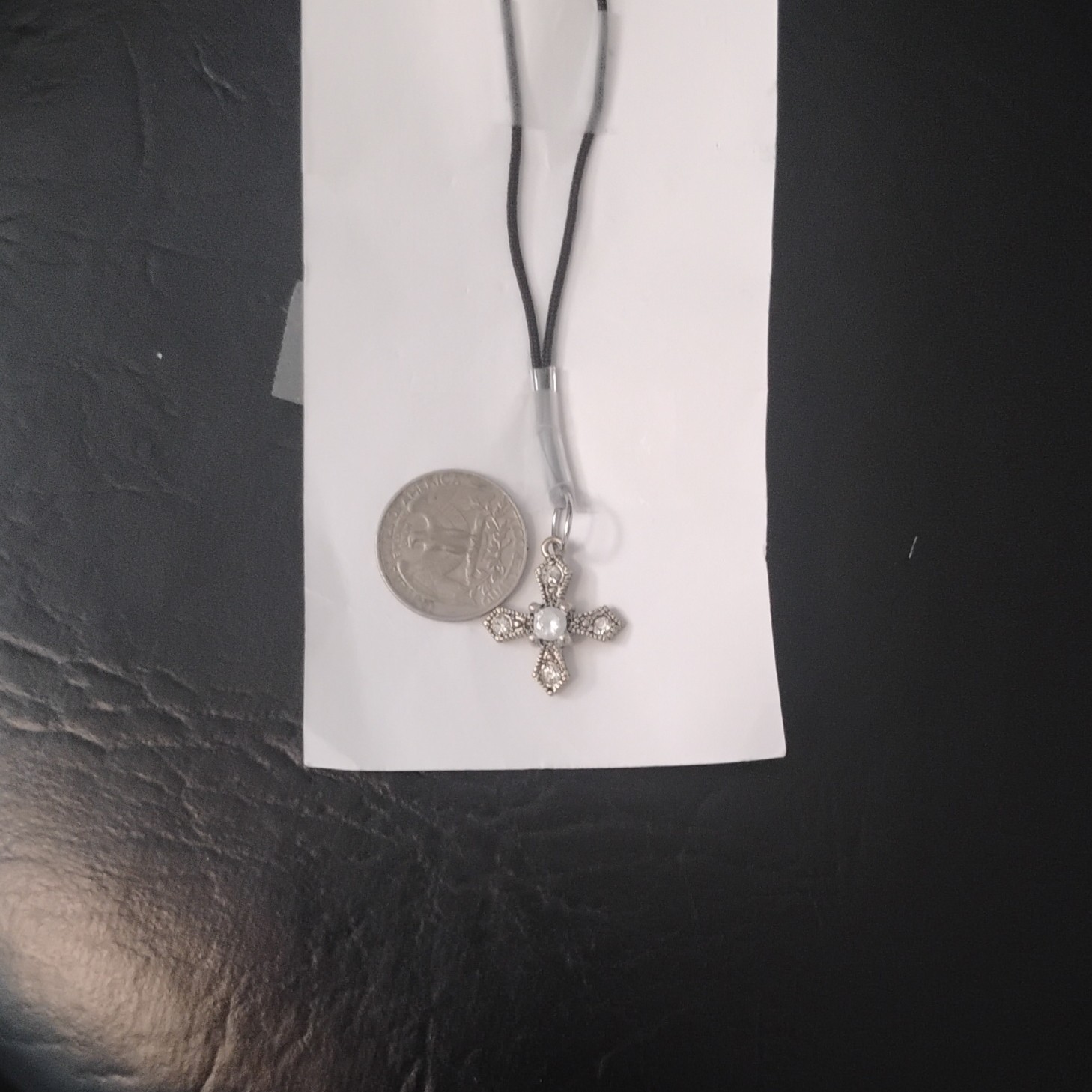 Silver Tone Cross Charm Pendant Cord Necklace, Clear Round Crystal, Lobster