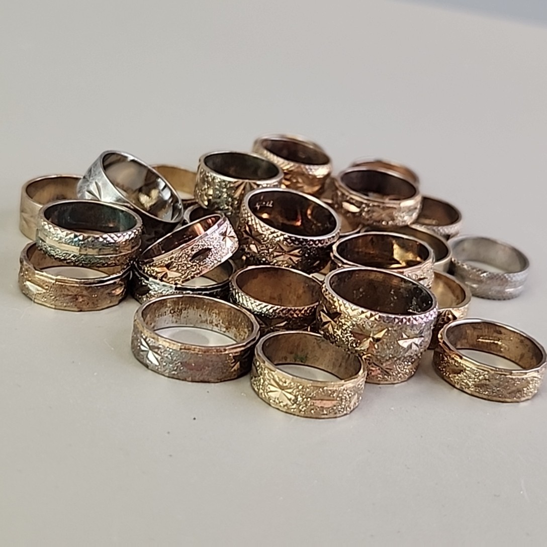 Band Ring Lot of 29 18K Heavy Gold Electroplate Various Sizes 4 to 8 HAVE WEAR