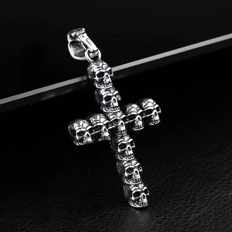 Mens Gothic Retro Skull Skeleton Cross Pendant Punk Biker Necklace Box Chain 24″