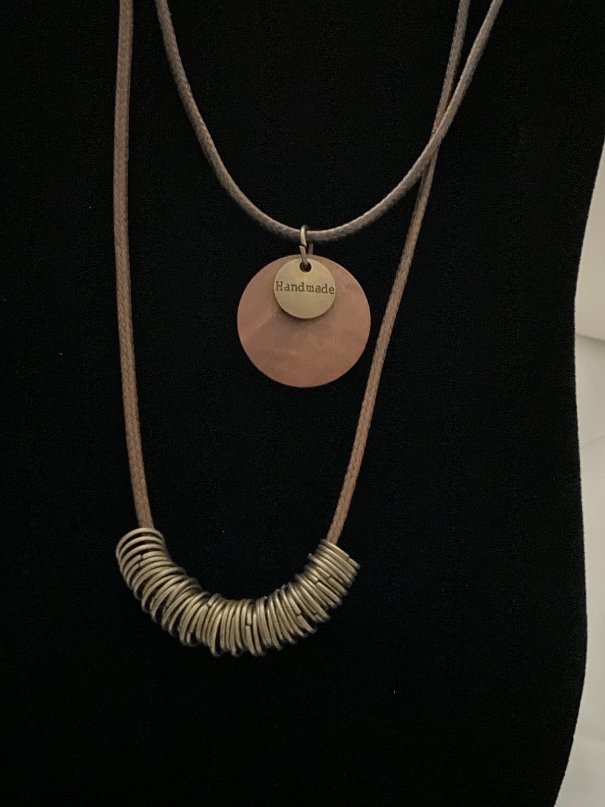 Boho Layered Cord Necklace – Bronze Rings & Disc Pendant, 17″