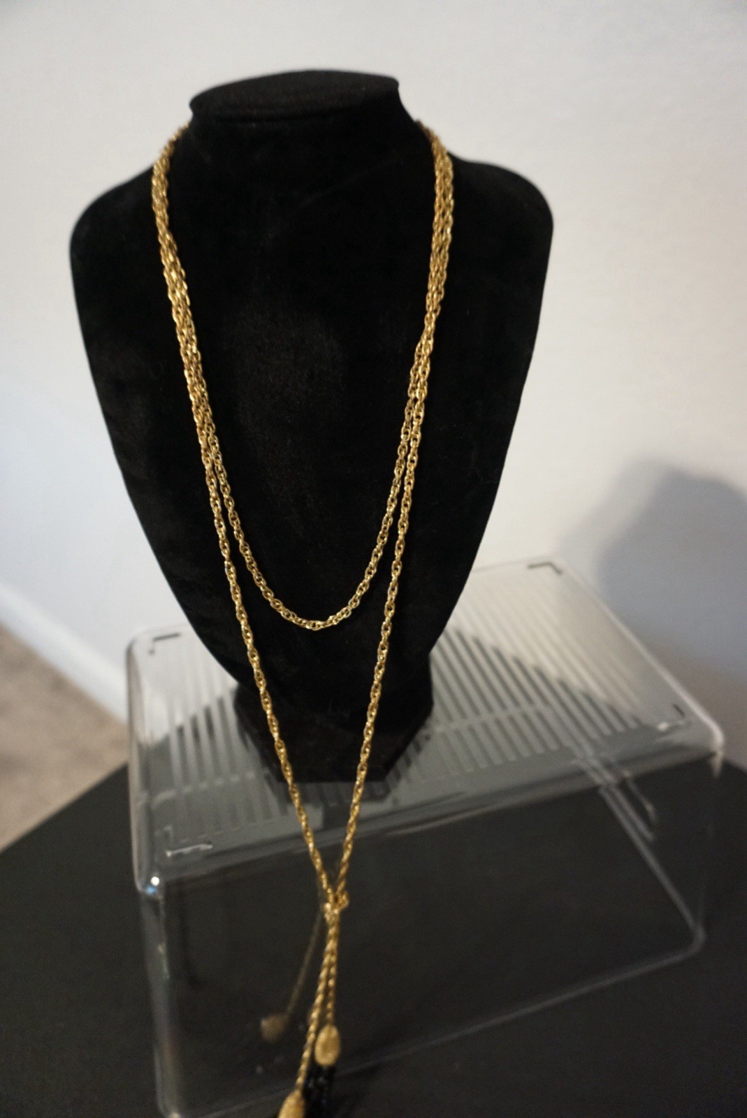 Gold Tone Rope Chain Lariat Necklace with Black Beaded Tassels