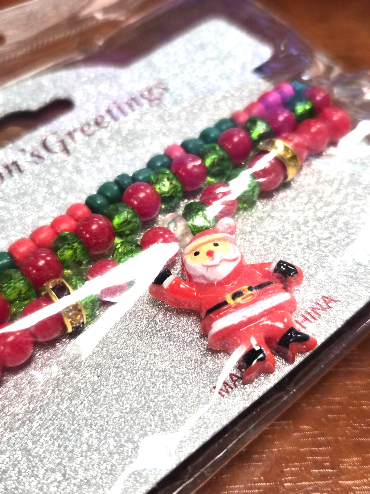 NOS Estate 3 Christmas Holiday Plastic Beaded Santa Claus 6.5″ Bracelet