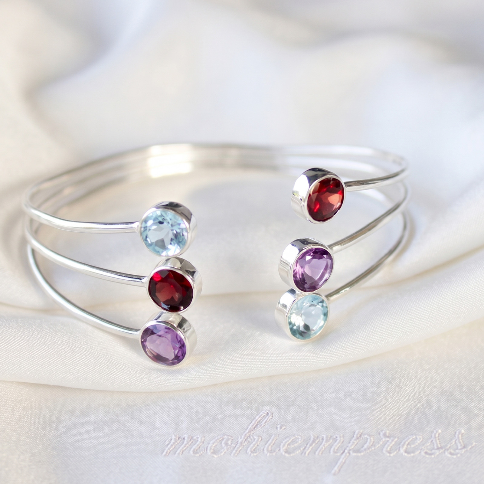 925 Sterling Silver Triple Raw Natural Gemstone Cuff Bracelet, Multi Stone Jewel