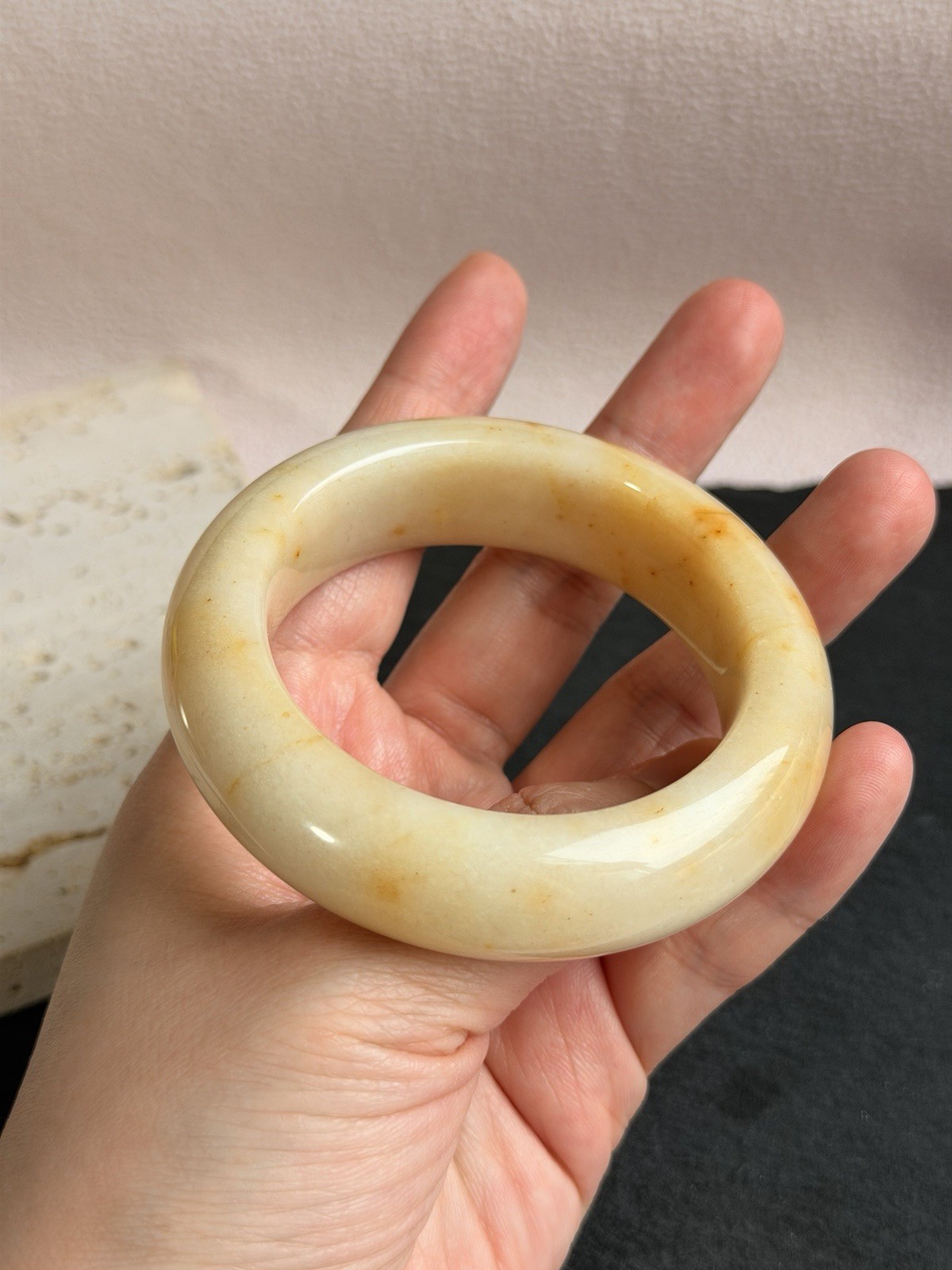 Natural Shoushan Jade Bangle 53.8mm Cream Ivory Jade with Honey Gold Inclusions