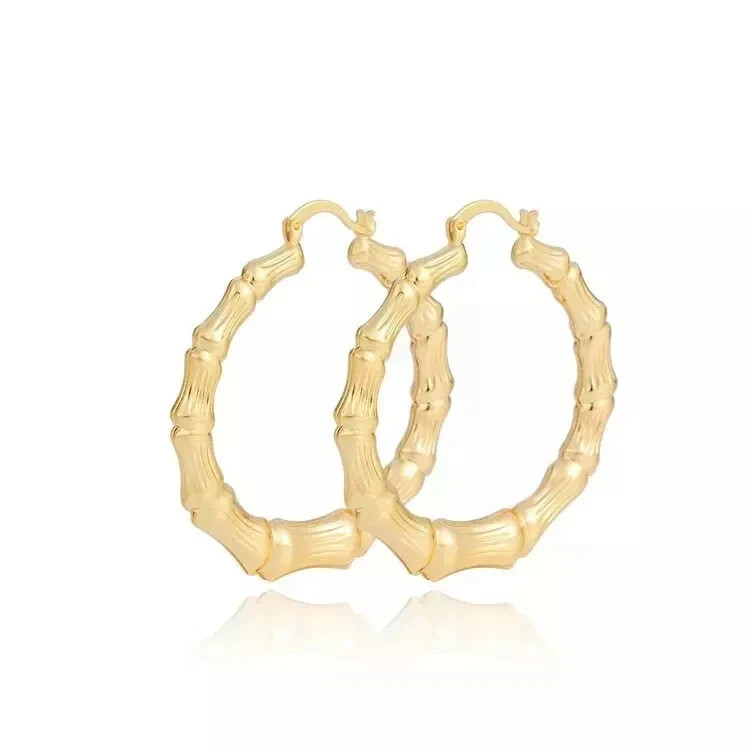 18K Gold Filled Round Bamboo Hoop Earrings 30-80mm Layered Big Hoop Jewelry