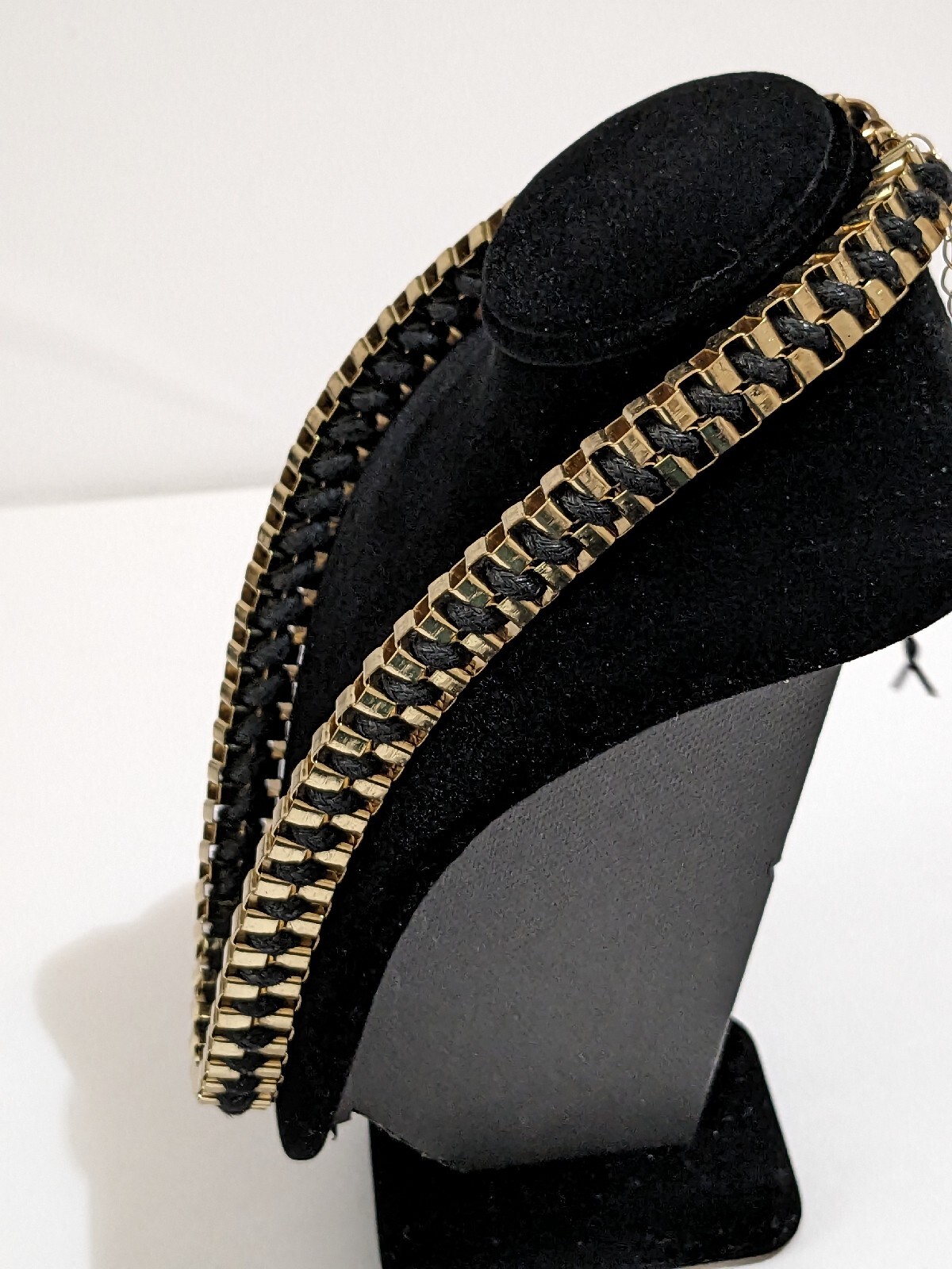 Gold Tone And Black Cord Braided Box Chain Necklace. Vintage. 16 Inch.