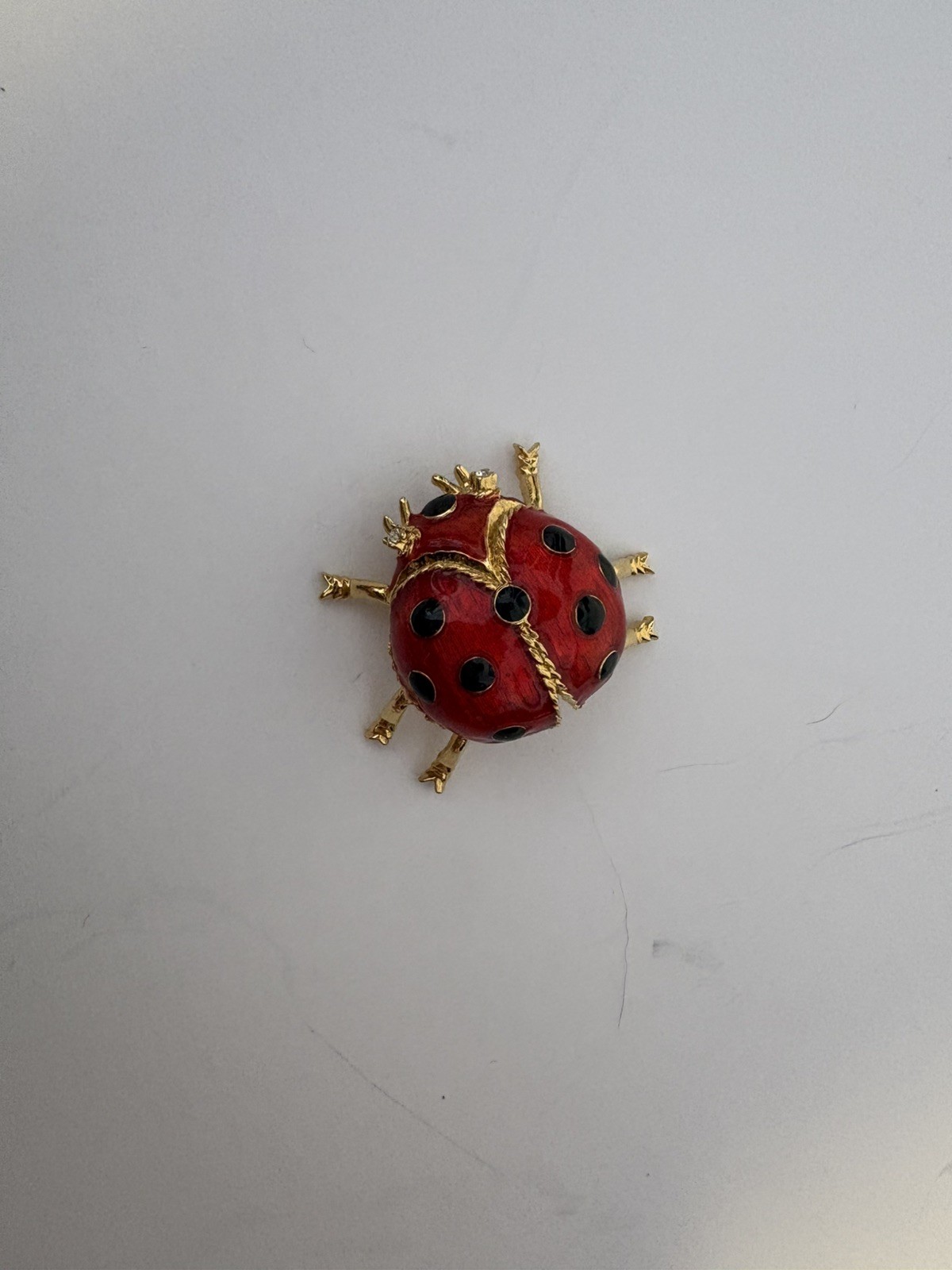 VTG Red Enamel Ladybug Brooch Pin Gold Tone Rhinestone Eye 3D Insect Bug Figural