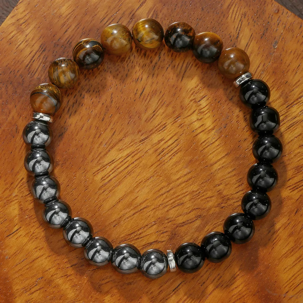 Natural Triple Protection Stretch Bracelet 8mm Tiger Eye Black Obsidian Hematite