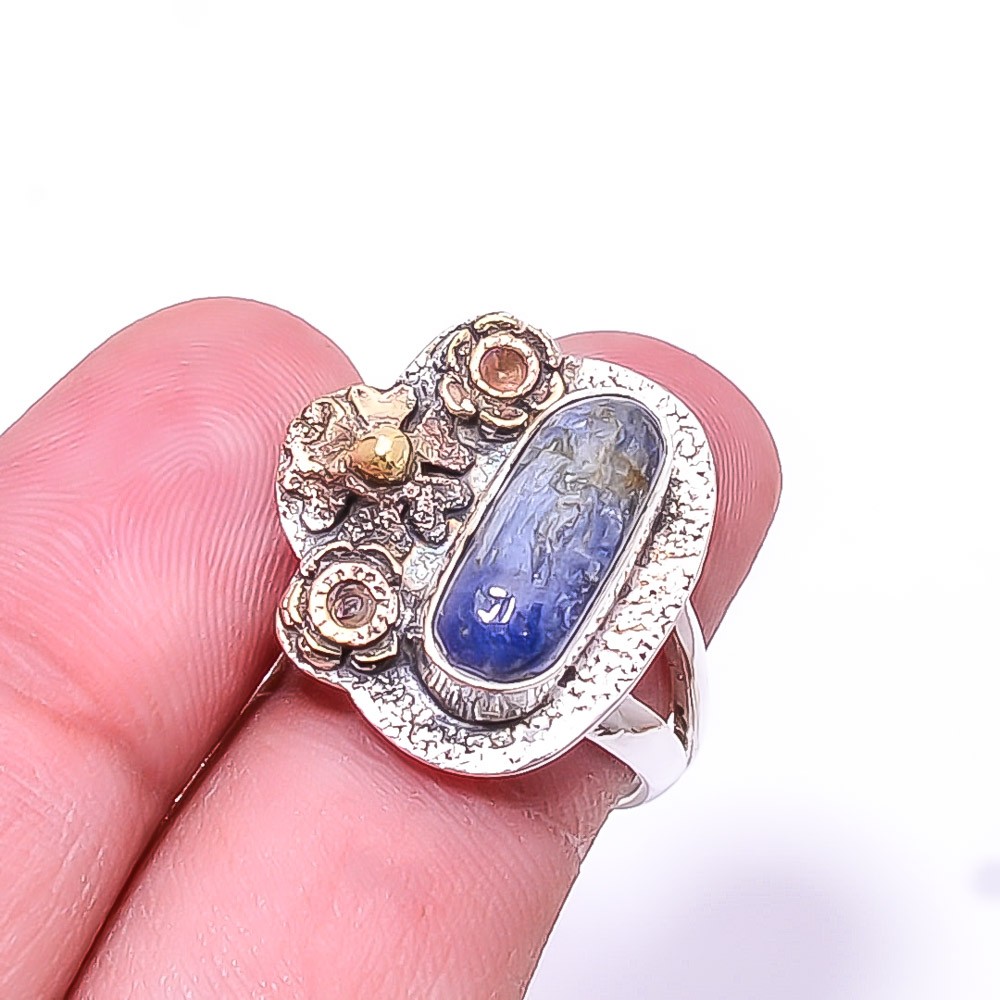 Kyanite -Nepal Two Tone 925 Sterling Silver Ring s.6 R26, Christmas Gift