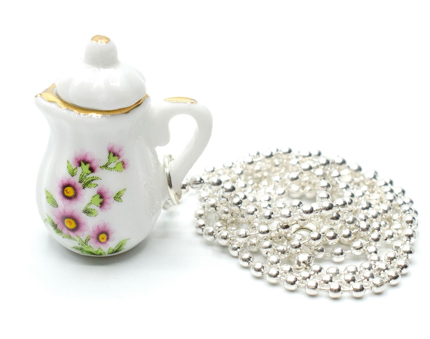 Coffee Pot Tea Pot Necklace Tea Coffee Miniblings 80cm Porcelain Gold Edge Slim