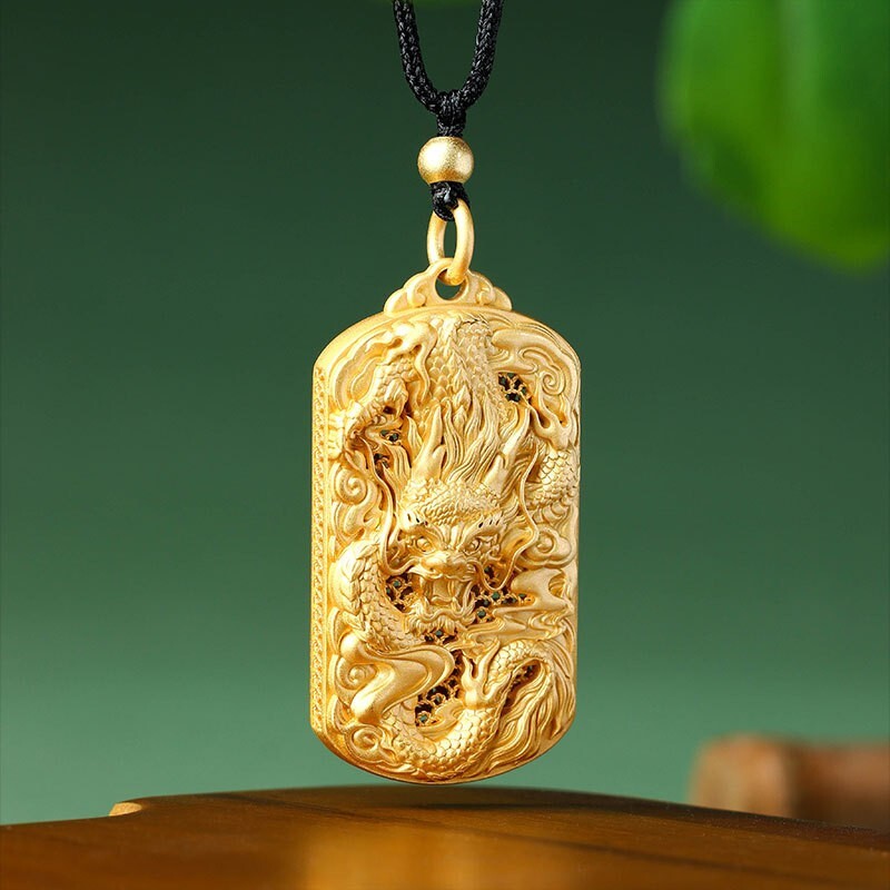 Power Dragon Carved Pendant Necklace Lucky Charm 18K Gold Plated Dainty Gemstone