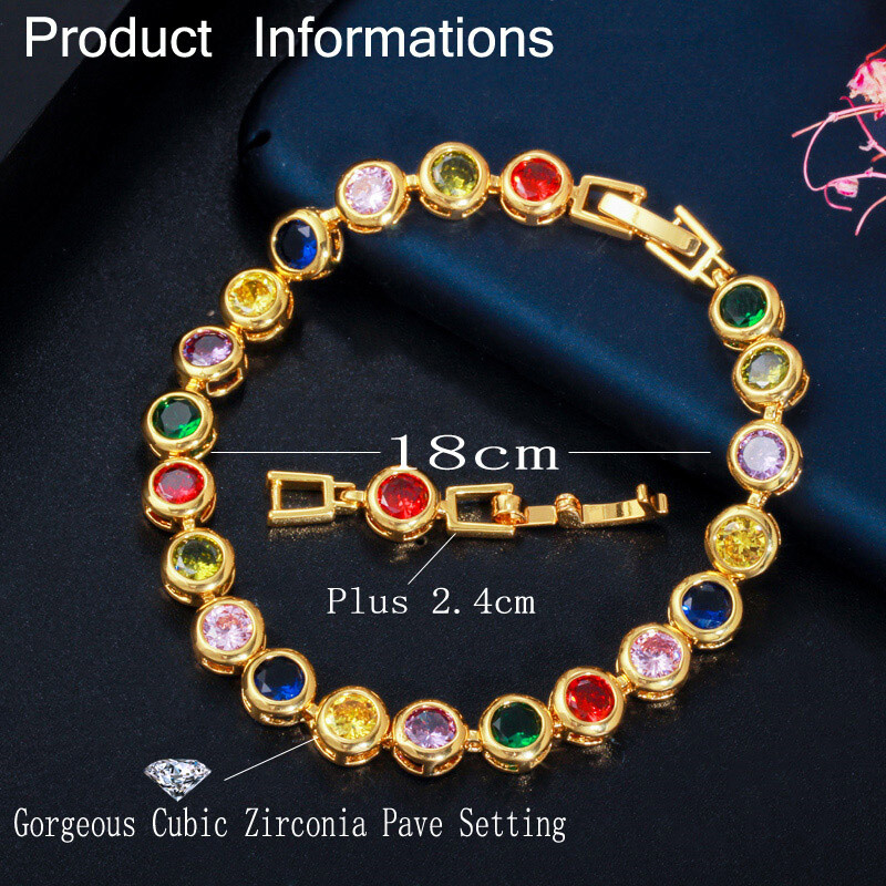 Gorgeous Gold Plated Colorful Round Cubic Zirconia Tennis Bracelet Women Jewelry