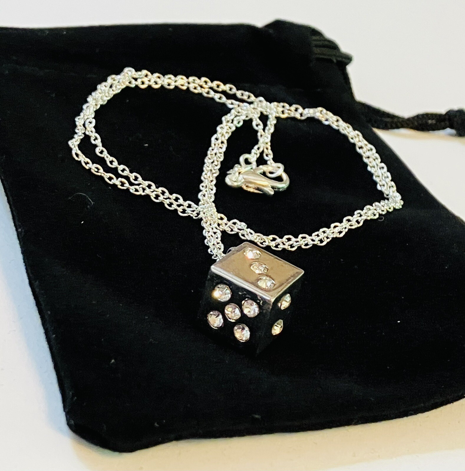 Silver Rhinestone Crystal Encrusted Dice Pendant Necklace on 18” Silver Chain