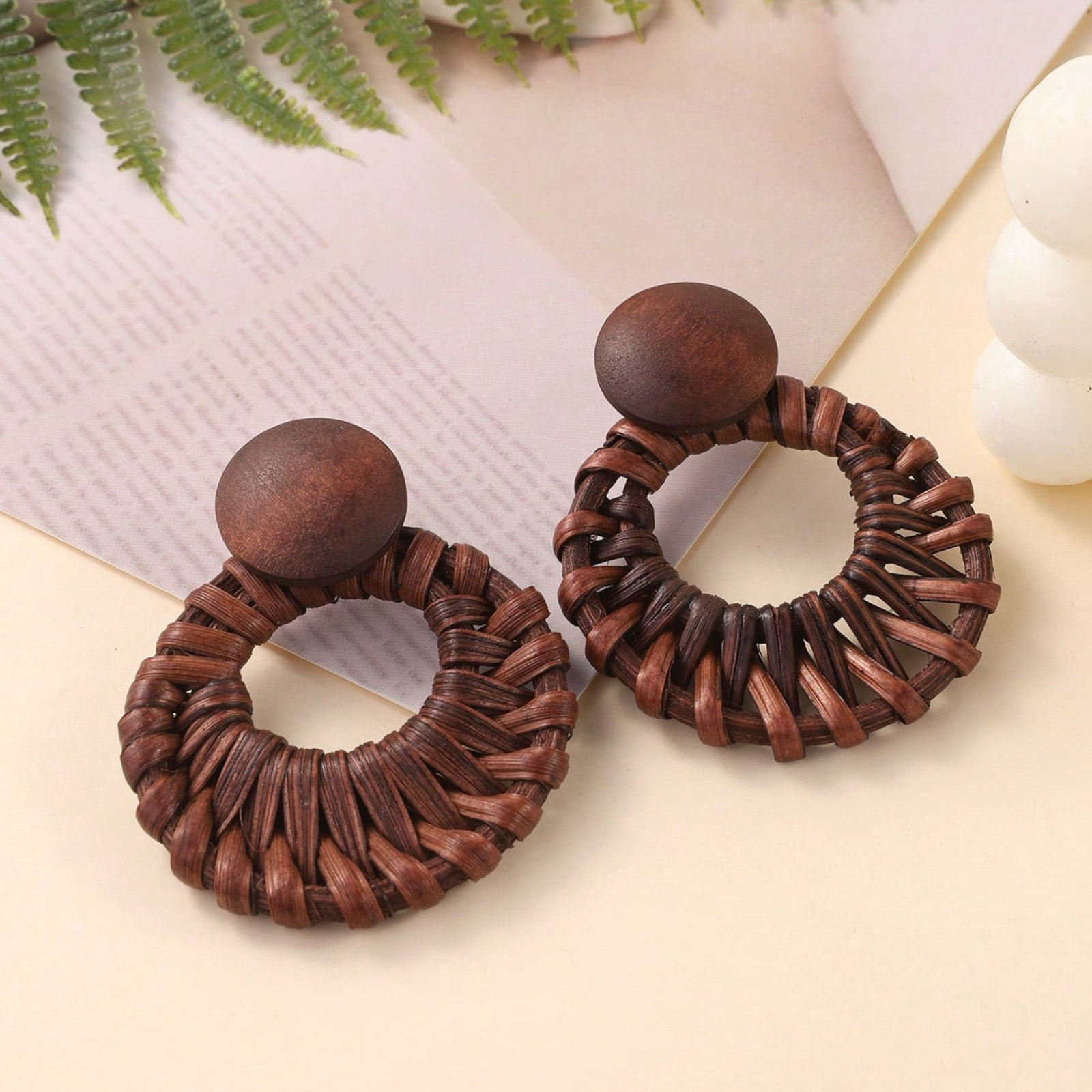 Handmade Earrings Woven Rattan Hollow Circle & Natural Wood Design Ear Studs