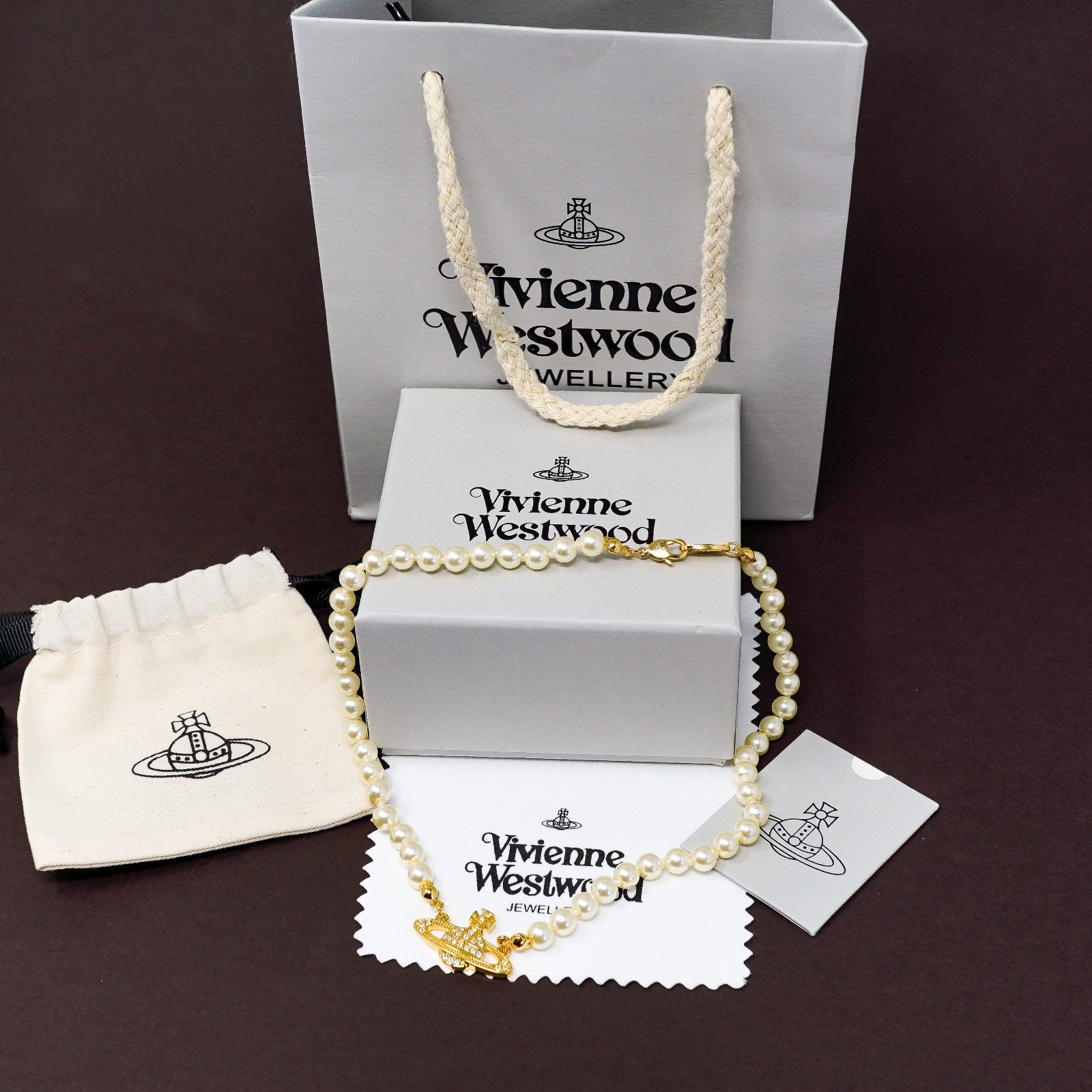 Vivienne Westwood Necklace Bas Relief Pearl & Gold Pendant With Crystals & Box