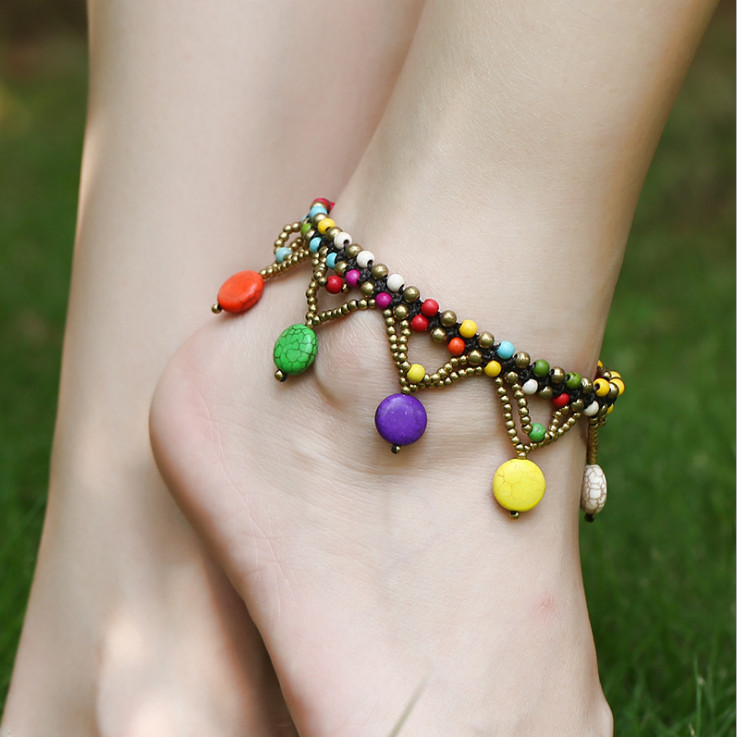 Women Bohemia Turquoise & Copper Bead Bell Wax Rope Foot Anklet Bracelet 8-9.2″