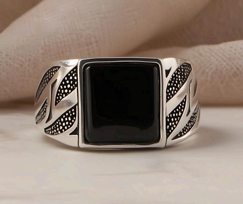 Surgical Steel Black Onyx Signet Ring Mens Vintage Textured Statement Band