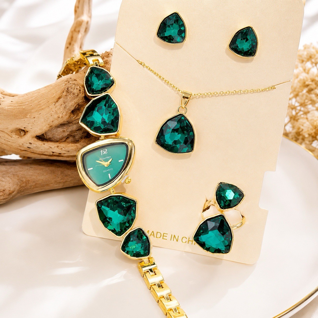 Women’s Green Crystal Jewelry Set Watch Necklace Earrings Ring Gold Tone