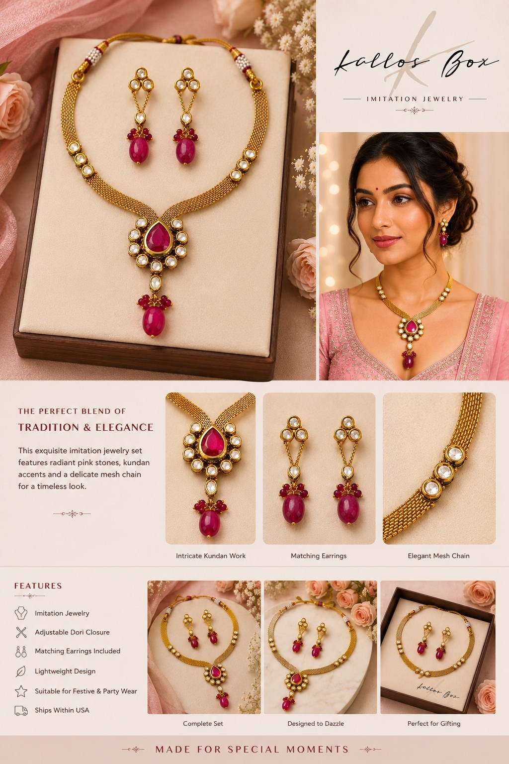 Pink Kundan Necklace With Earrings For Wedding Or Any Other Festive Occasion