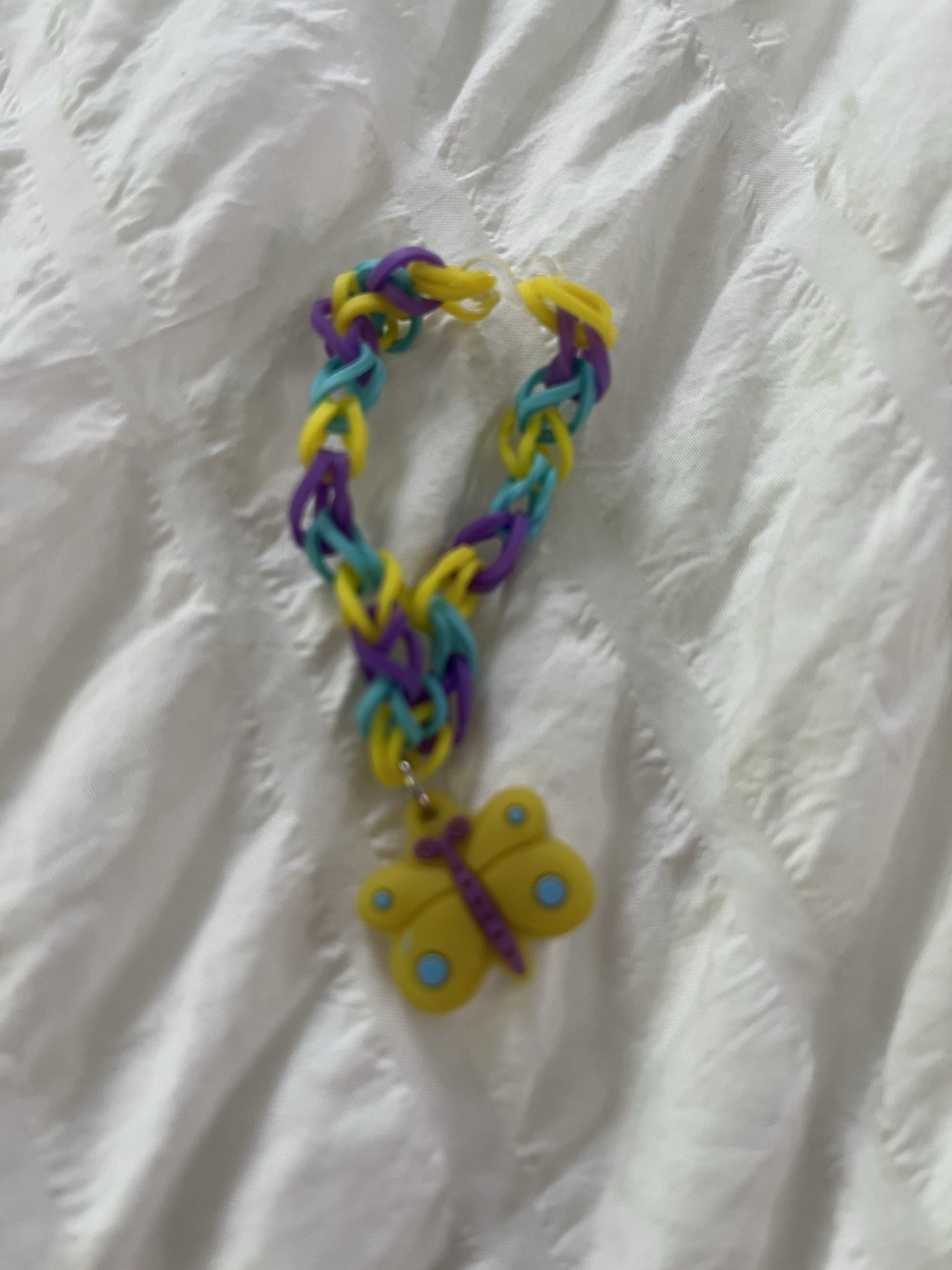 Multicolor Braided Rubber Slip-On Bracelet w/ Butterfly Dangle Charm, Adjustable