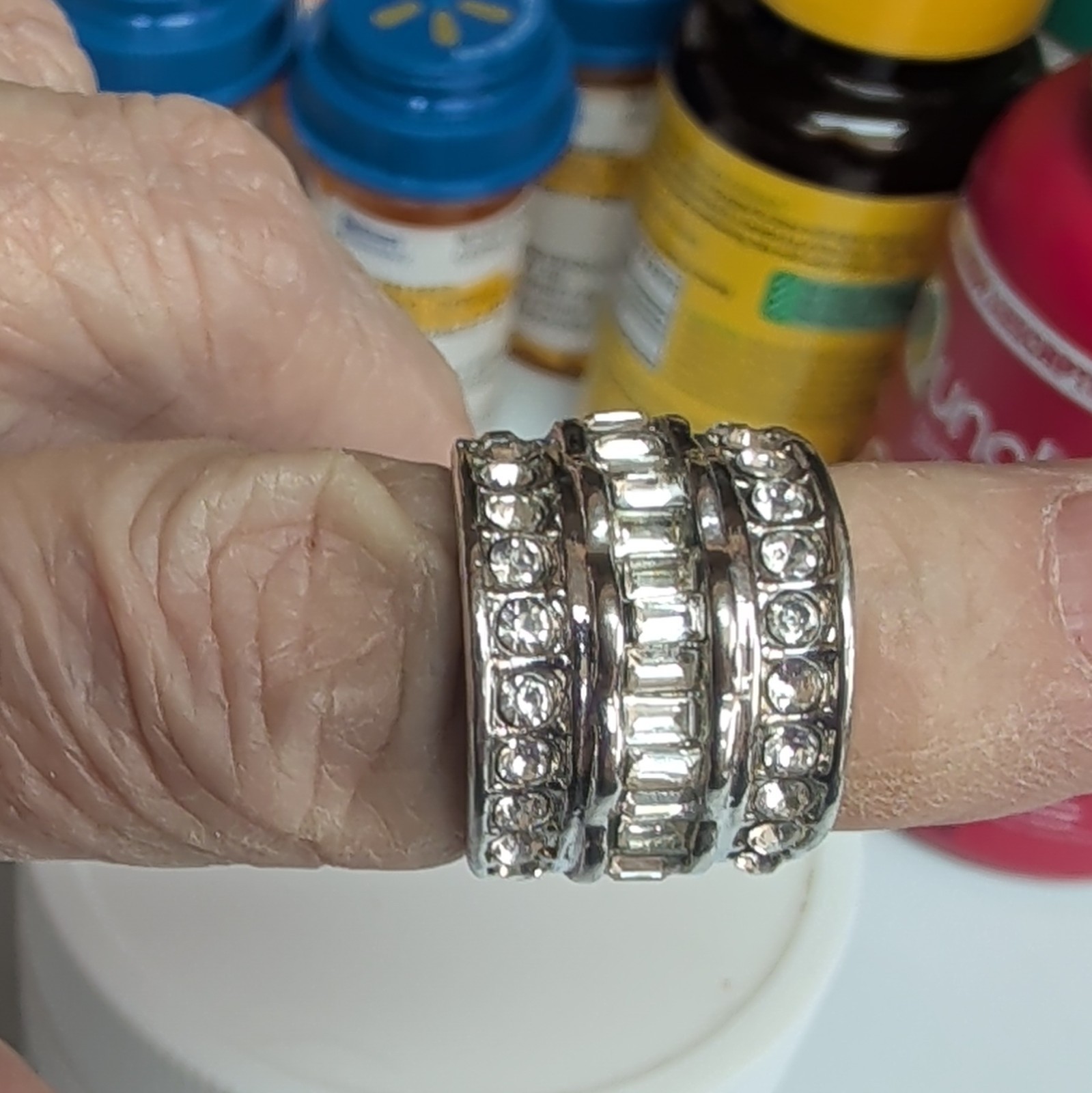 Silver-Tone Wide Band Ring Size 7 15mm Channel-Set Round Clear Rhinestones