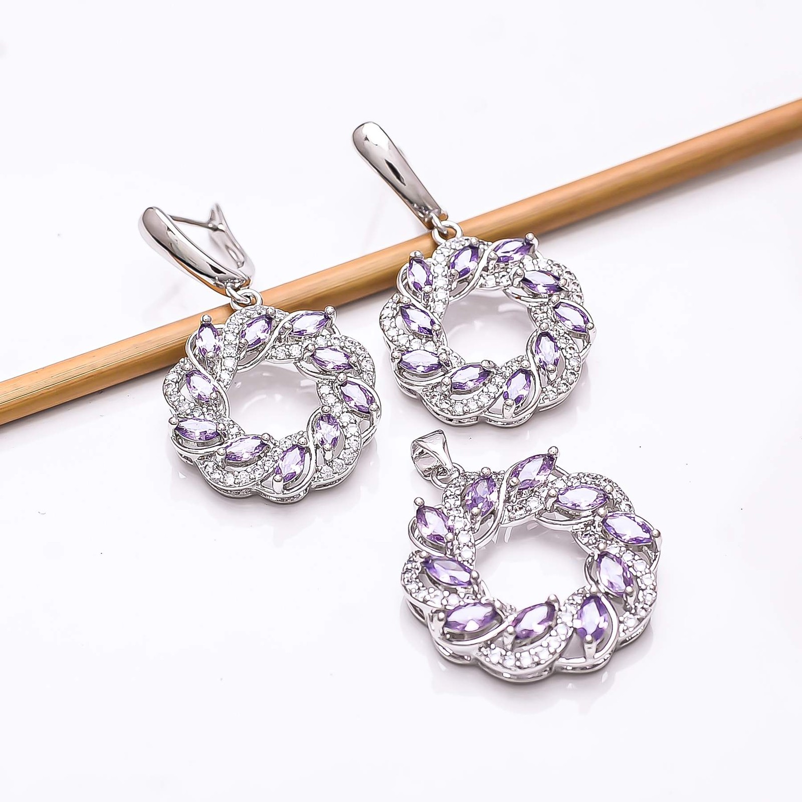 Purple Amethyst & CZ Gemstone 925 Sterling Silver Pendant Earring Set PS82821
