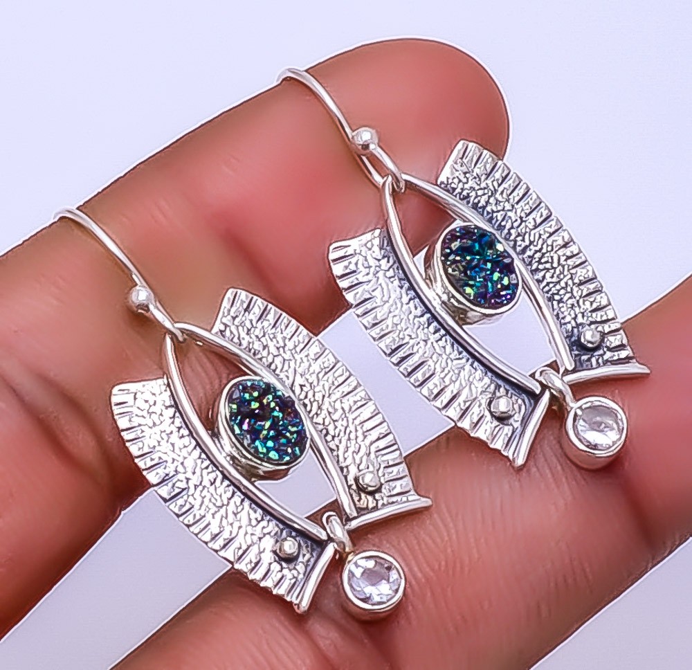 Electric Blue Titanium Agate Drusy 925 Sterling Silver Earring 1.56″ E_9324_1034