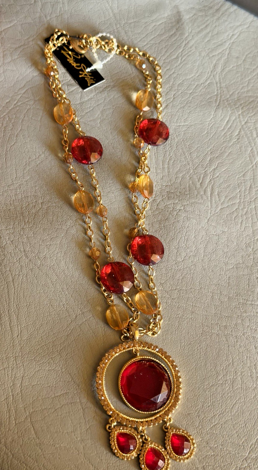 Birch Hill Double Strand Red and Gold Acrylic Beaded Stations Necklace 22″