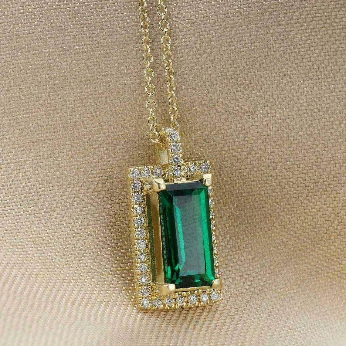 2 Ct Baguette Cut Simulated Green Emerald Women’s Pendant 14K Yellow Gold Plated
