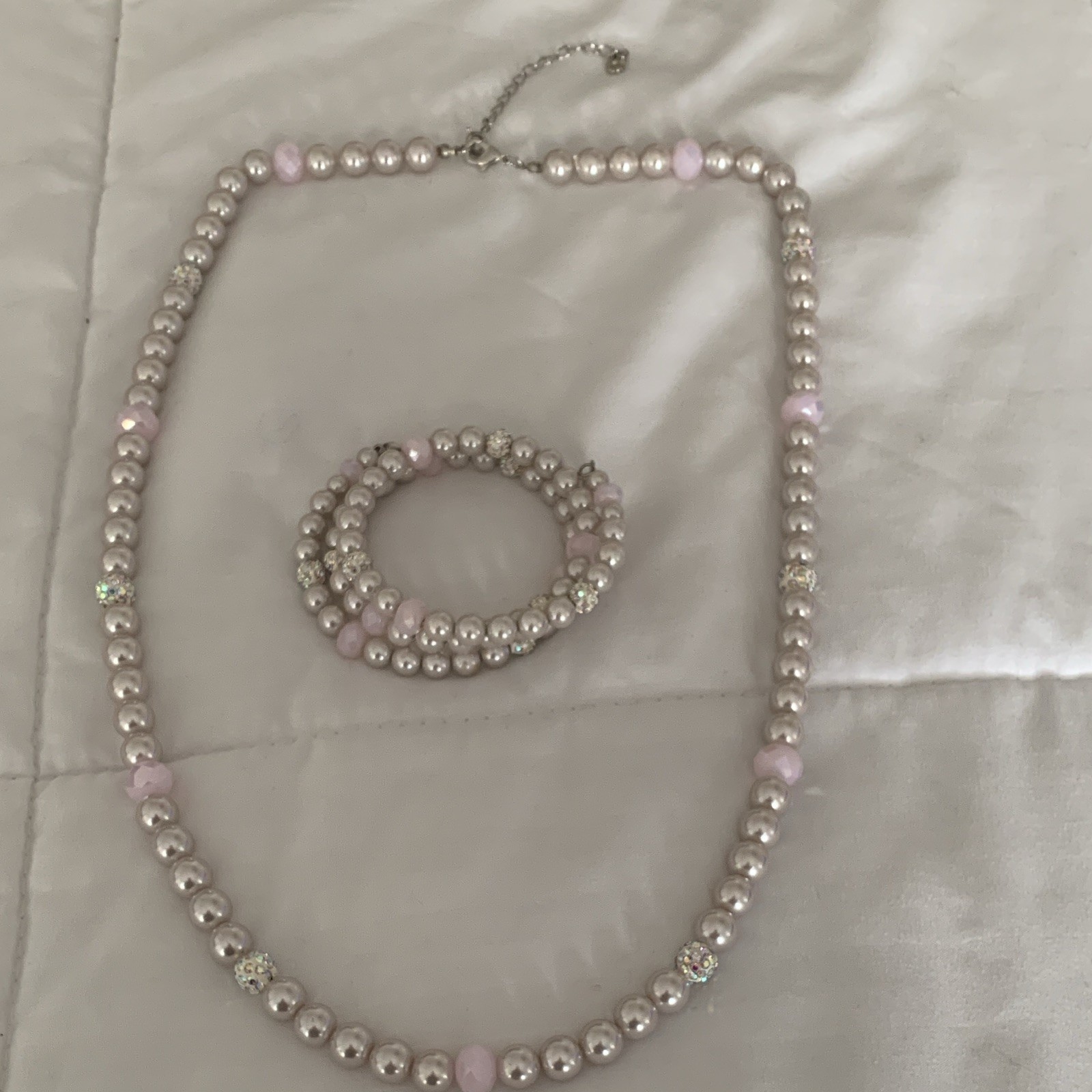 Pink Faux Pearl Jewelry Set Necklace & Bracelet w/ Crystal Rhinestone Spacers