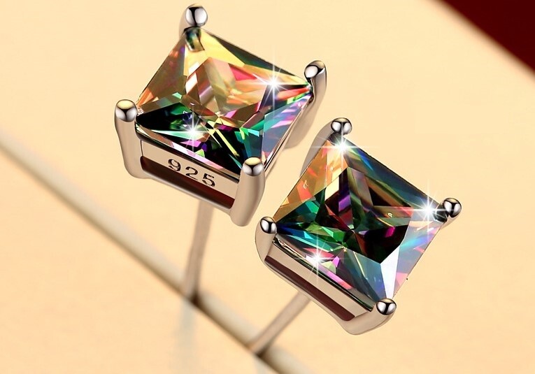 6mm Silver Square Round Mystic Fire Rainbow Topaz Princess CZ Stud Earrings PE22