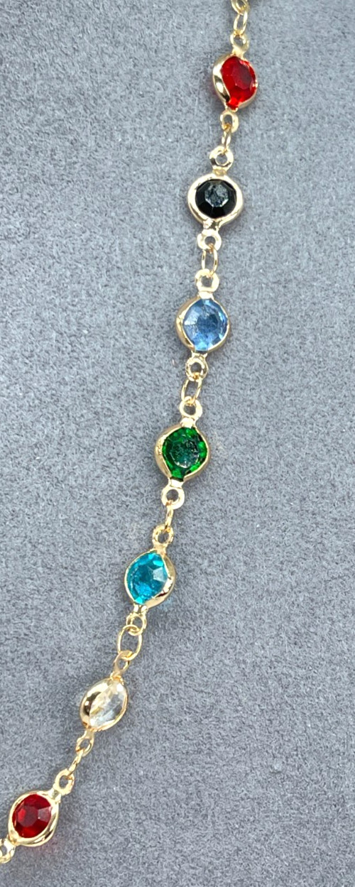 Necklace Gold Tone Blue, Red, Green, White & Black Faceted Crystals. Length 20″