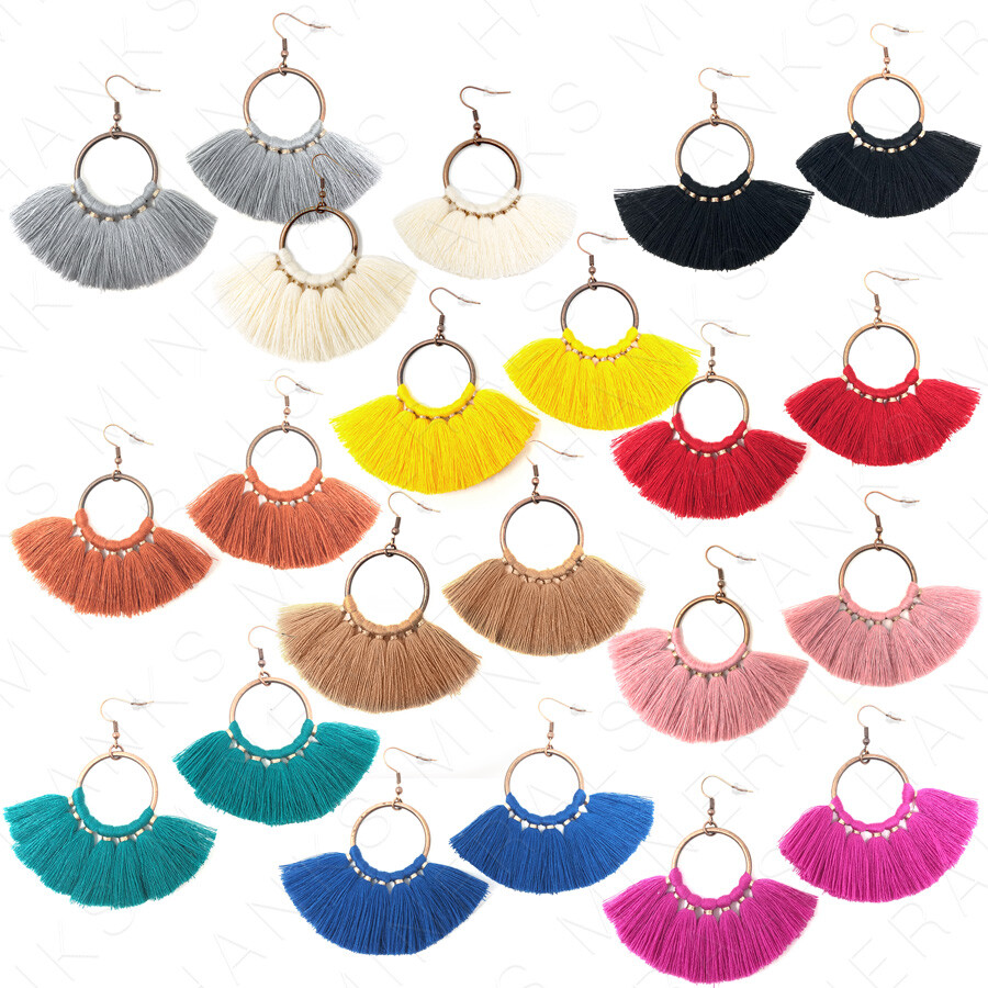 Hoop Fan Tassel Earring Fringe Circle Round Drop Straw Boho Earrings