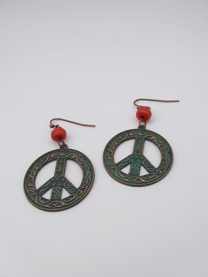 Peace Sign Filigree Patina Earrings
