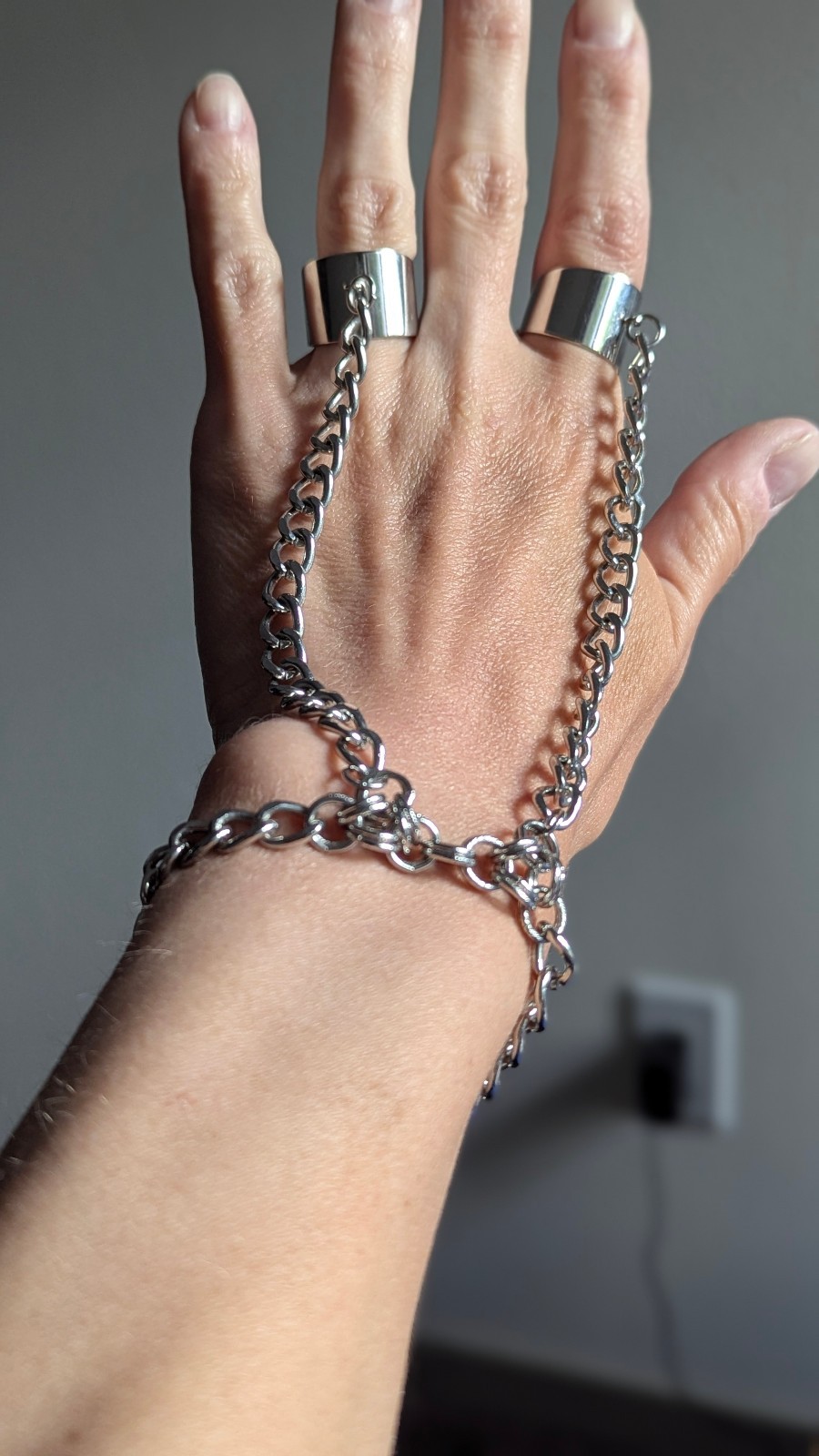 Silver Tone Hand Chain Bracelet Double Ring Slave Bracelet Adjustable Gothic