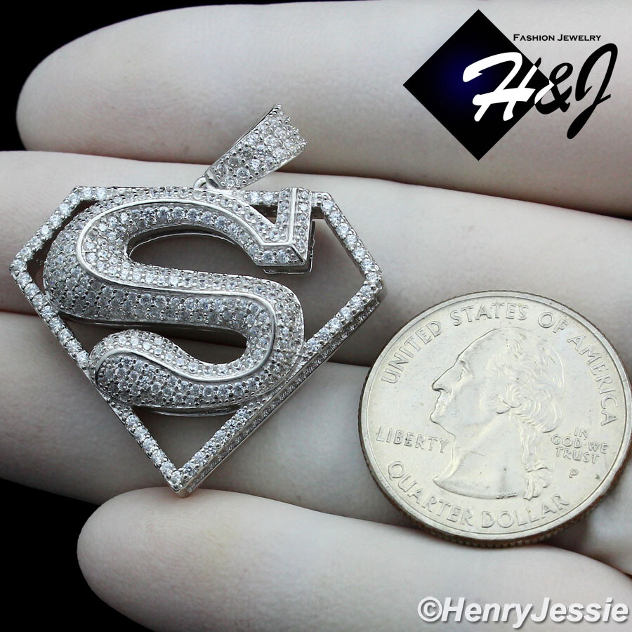 925 STERLING SILVER 18-30″X2MM MOON CUT BEADED CHAIN ICY CZ SUPERMAN PENDANT*263