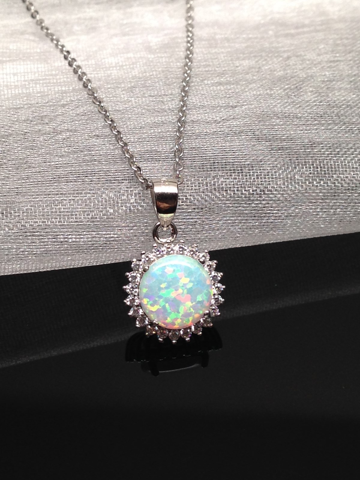 925 Sterling Silver White Opal Halo Pendant Necklace Cz 10mm 16-18″ Simulated