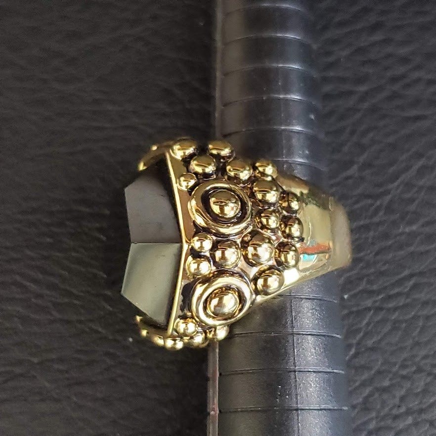 Gold Tone Hexagon Black Stone Statement Cocktail Ring Size 8.5 Ornate Beaded